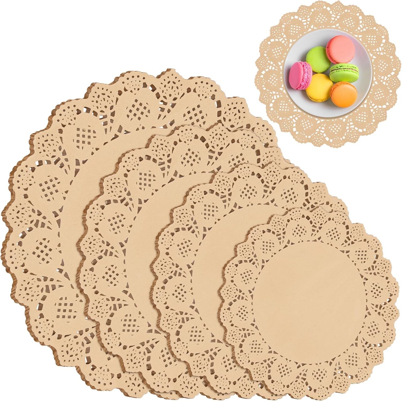 200 Pack Round Brown Lace Paper Doilies Disposable Decorative Paper Placemats Assorted Size 6.5, 8.5, 10.5, 12 inch Table Paper Pad Mats for Buffet Cake Food Party Wedding Tableware Decoration
